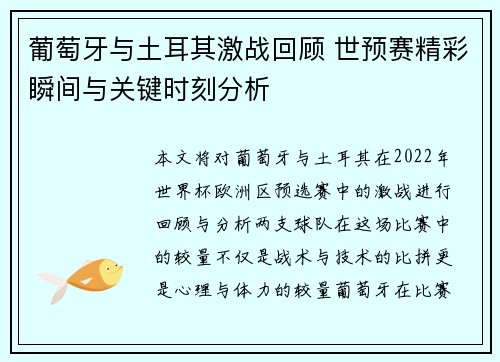 葡萄牙与土耳其激战回顾 世预赛精彩瞬间与关键时刻分析