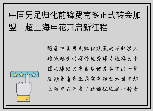 中国男足归化前锋费南多正式转会加盟中超上海申花开启新征程